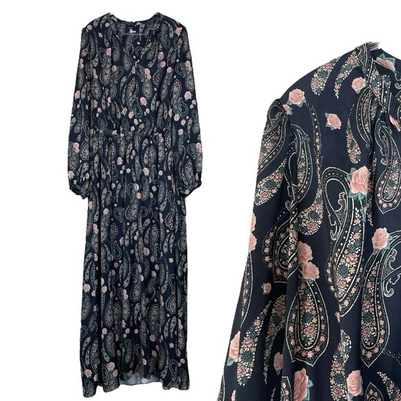 The Kooples Floral Paisley Boho Cocktail Maxi Dress Dark Navy Pink UK 4 / US 0